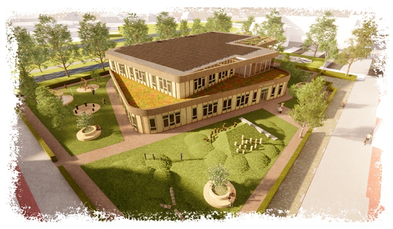 Vogelvlucht impressie nieuwbouw IKC de Honingzwam